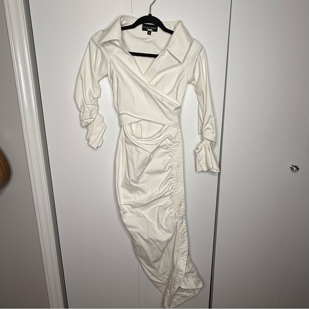 Sergio Hudson Asymmetric Cutout Ruched Cotton-blend Poplin Midi Wrap Dress Sz 0 - Picture 4 of 10